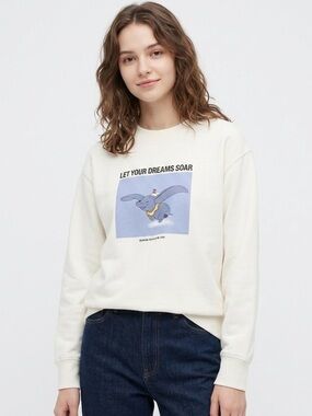 Disney Uniqlo Dumbo Graphic Crewneck Sweatshirt Off White Cream Women's Size XS
